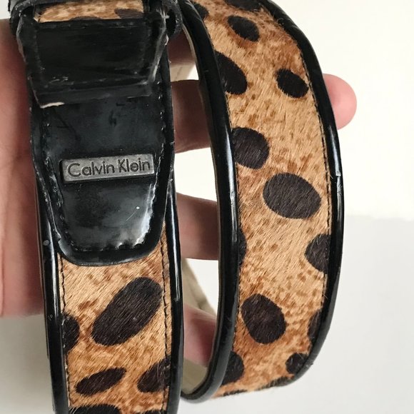 Vtg Calvin Klein Brown Black Leather Belt Womens Size M Cow Fur Spots Cowgirl - Picture 6 of 16